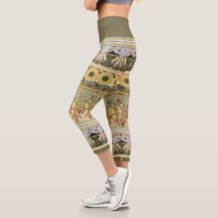 Art nouveau alphonse mucha fuschia sunflower flora capri leggings