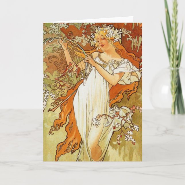 Art Nouveau Alphonse Mucha Spring Greeting Card (Front)