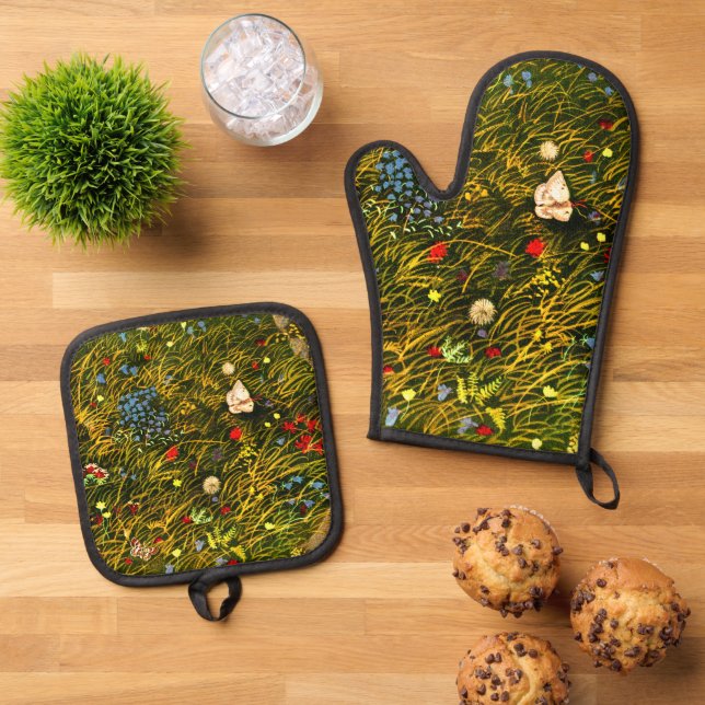 Art Nouveau Alpine Meadow  Oven Mitt & Pot Holder Set (Top Down)