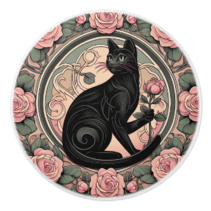 Art Nouveau Art Deco Black Cat Ceramic Knob