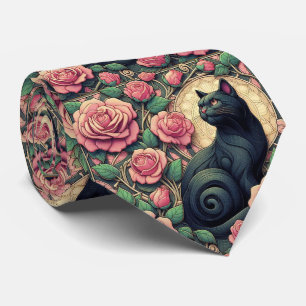 Art Nouveau Art Deco Black Cat with Pink Roses Tie