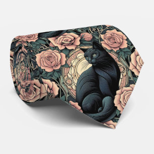 Art Nouveau Art Deco Black Cat with Pink Roses Tie