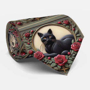 Art Nouveau Art Deco Black Cat with Red Roses Tie