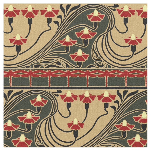 Art Nouveau Arts & Crafts Dragonfly Floral Frieze Fabric (Close Up)