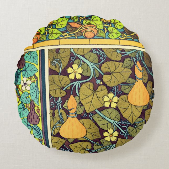 Art nouveau autumn floral elegant gourd purple  round cushion (Front)