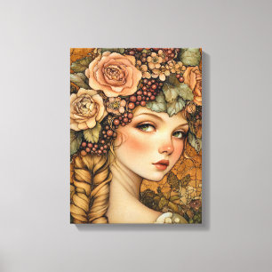 Art Nouveau Autumn Goddess Floral Portrait Stretch Canvas Print