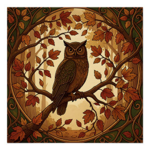 Art Nouveau Autumn Owl Forest Poster