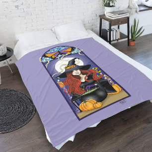 Art Nouveau Autumn Witch Pumpkins Purple Moon Fleece Blanket