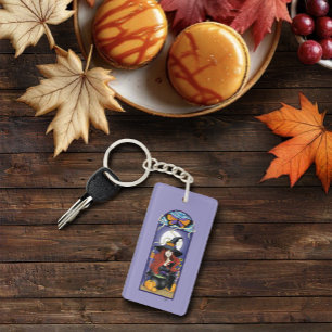 Art Nouveau Autumn Witch Pumpkins Purple Moon Key Ring
