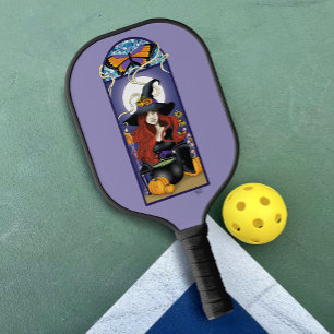 Art Nouveau Autumn Witch Pumpkins Purple Moon Pickleball Paddle