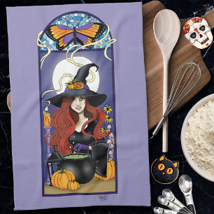 Art Nouveau Autumn Witch Pumpkins Purple Moon Tea Towel