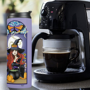 Art Nouveau Autumn Witch Pumpkins Purple Moon Thermal Tumbler