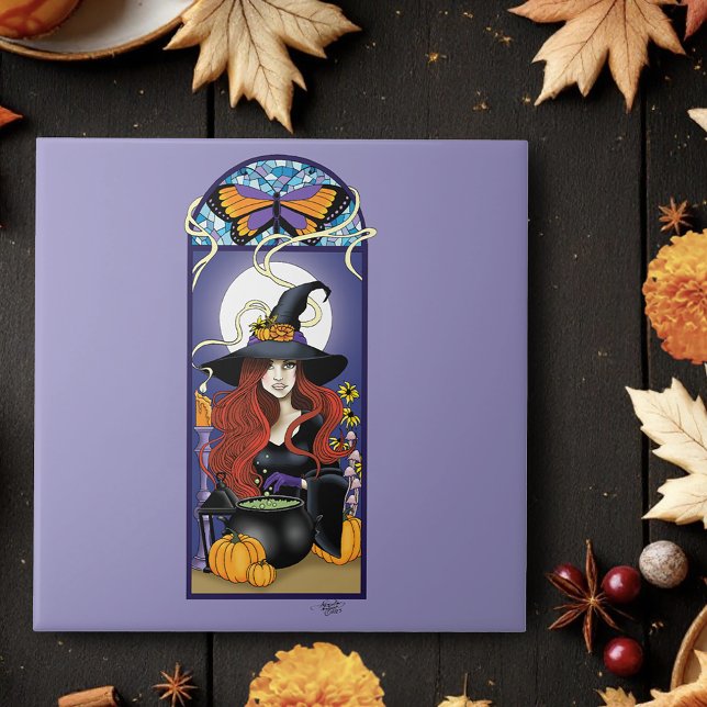 Art Nouveau Autumn Witch Pumpkins Purple Moon Tile (Creator Uploaded)