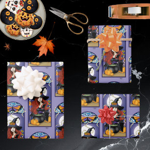 Art Nouveau Autumn Witch Pumpkins Purple Moon Wrapping Paper Sheet