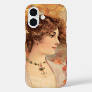 Art Nouveau Autumn Woman Golden Foliage Print iPhone 16 Case