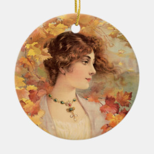 Art Nouveau Autumn Woman Golden Foliage Print Ceramic Tree Decoration