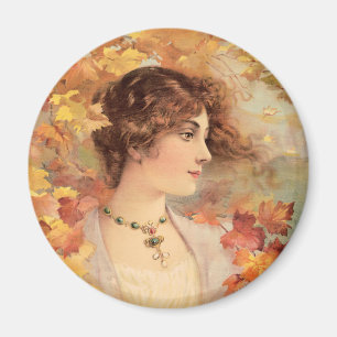 Art Nouveau Autumn Woman Golden Foliage Print Magnet