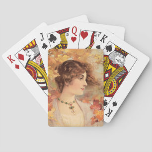Art Nouveau Autumn Woman Golden Foliage Print Playing Cards