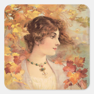 Art Nouveau Autumn Woman Golden Foliage Print Square Sticker