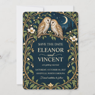 Art Nouveau Barn Owl Moonlit Navy Gold Wedding Save The Date