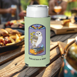 Art Nouveau Barn Owl Pumpkins vintage Books Autumn Seltzer Can Cooler