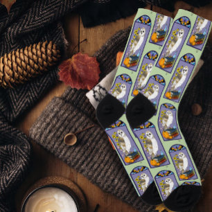 Art Nouveau Barn Owl Pumpkins Vintage Books Autumn Socks