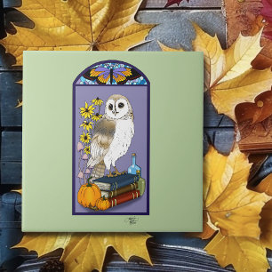 Art Nouveau Barn Owl Pumpkins Vintage Books Autumn Tile