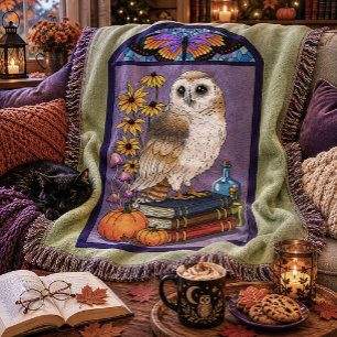Art Nouveau Barn Owl Pumpkins Vitnage Books Autumn Throw Blanket