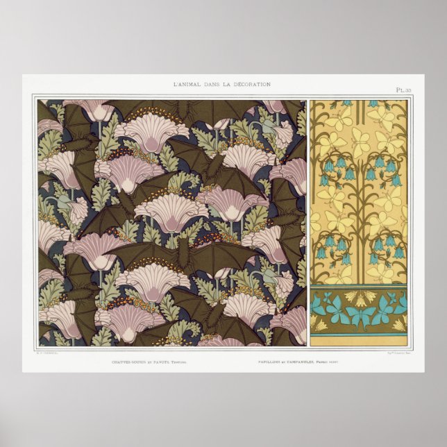 Art nouveau bats and campanulas floral textile art poster (Front)