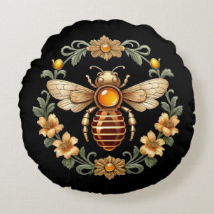 Art Nouveau Bee on Black Round Cushion