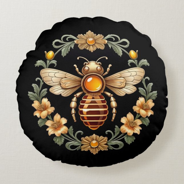 Art Nouveau Bee on Black Round Cushion (Front)