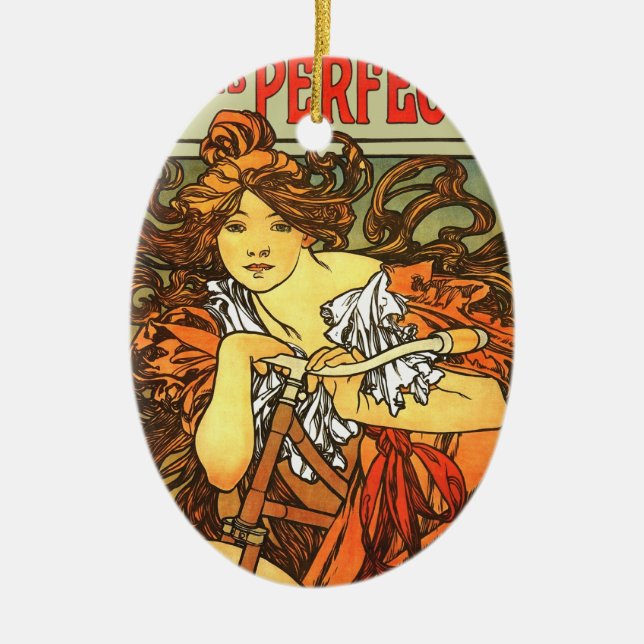 Art Nouveau Bicycle Mucha Art Ceramic Tree Decoration (Front)