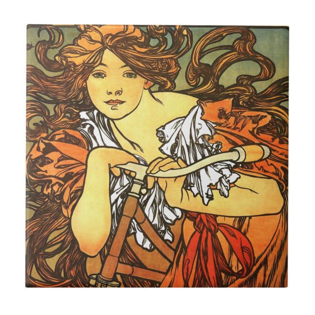 Art Nouveau Bicycle Mucha Art Tile (Front)