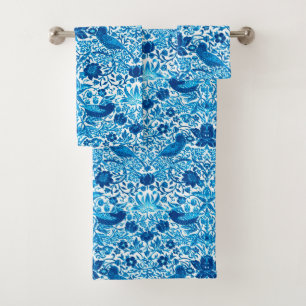Art Nouveau Bird and Flower Tapestry, Blue & White Bath Towel Set