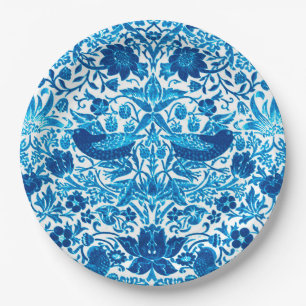 Art Nouveau Bird and Flower Tapestry, Blue & White Paper Plate
