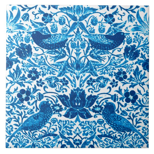 Art Nouveau Bird and Flower Tapestry, Blue & White Tile (Front)