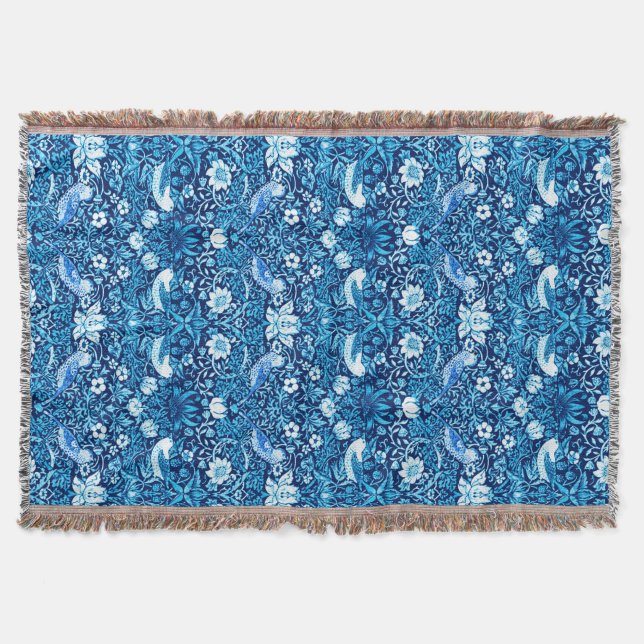 Art Nouveau Bird and Flower Tapestry, Dark Blue Throw Blanket (Front)