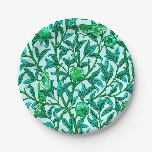 Art Nouveau Bird and Pomegranate, Turquoise Paper Plate (Front)