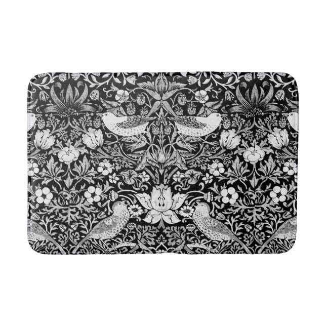 Art Nouveau Bird & Flower Tapestry, Black & White Bath Mat (Front)
