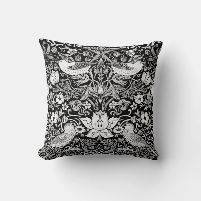 Art Nouveau Bird &  Flower Tapestry, Black & White Cushion (Front)