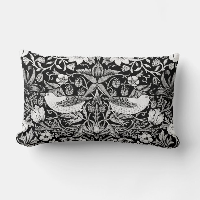 Art Nouveau Bird &  Flower Tapestry, Black & White Lumbar Cushion (Front)