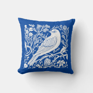 Art Nouveau Bird on a Branch with Flowers in White Cushion