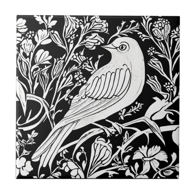 Art Nouveau Bird on a Branch with Flowers in White Tile (Front)
