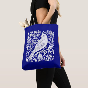 Art Nouveau Bird on a Branch with Flowers in White Tote Bag