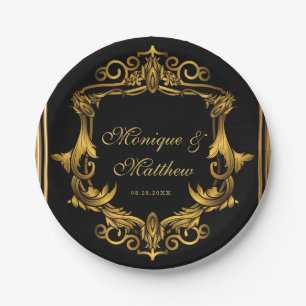 Art Nouveau Black and Gold Royal Wedding Paper Plate