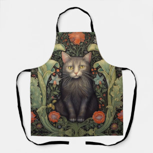 Art nouveau black cat and red flowers apron