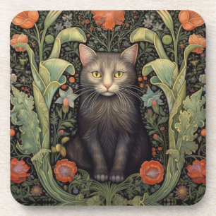 Art nouveau black cat and red flowers coaster