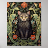 Art nouveau black cat and red flowers