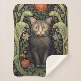Art nouveau black cat and red flowers sherpa blanket