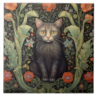 Art nouveau black cat and red flowers